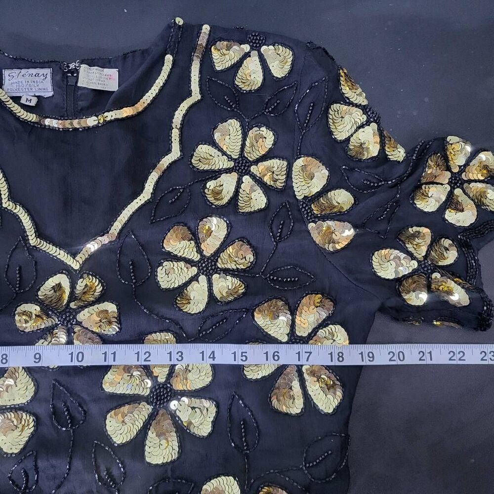 VTG Stenay Womens Silk Sequin Top Size Medium Black Gold Floral Beaded Swiftie - Picture 6 of 7